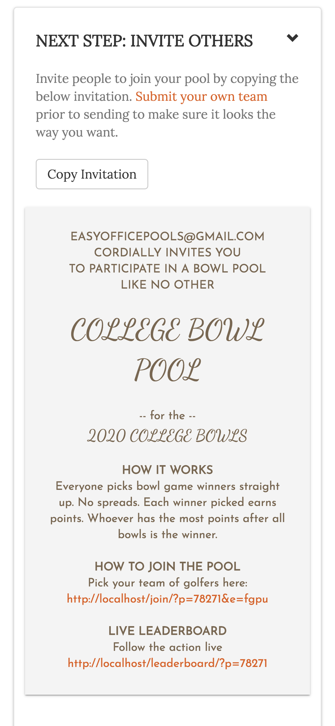 (4) Invitation for College Bowl Pool