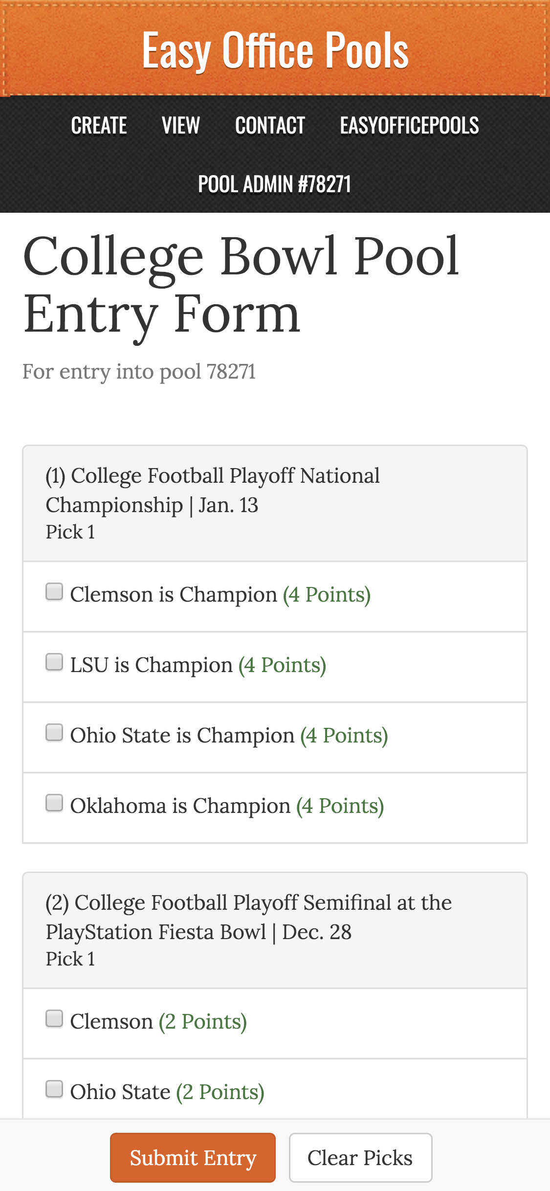 (5) Pick Teams for College Bowl Pool
