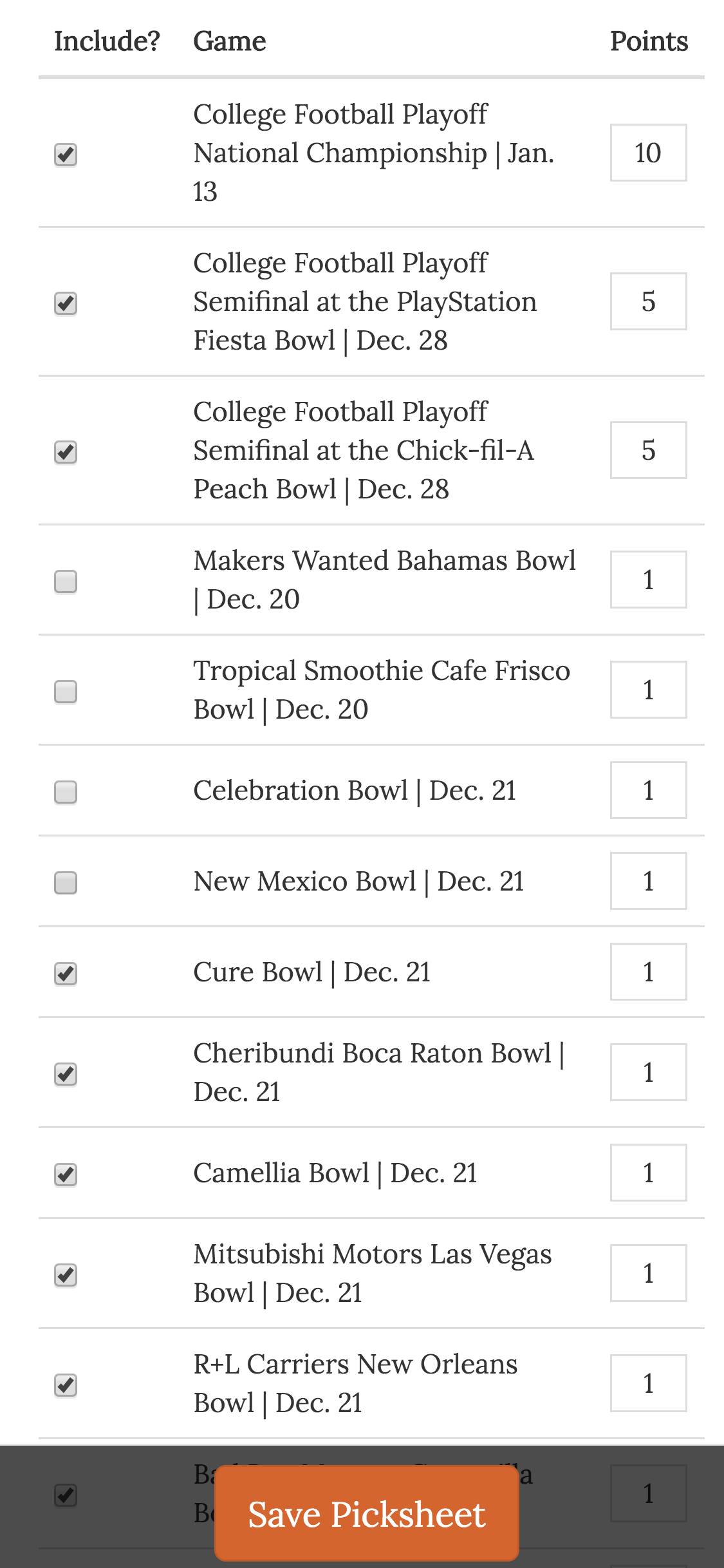 college bowl pool custom point system
