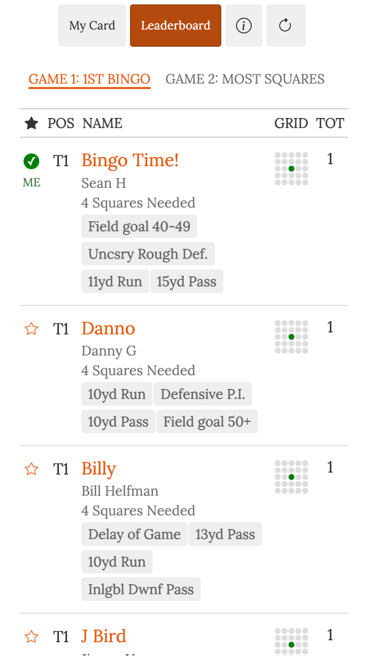 football bingo online leaderboard with all cards
