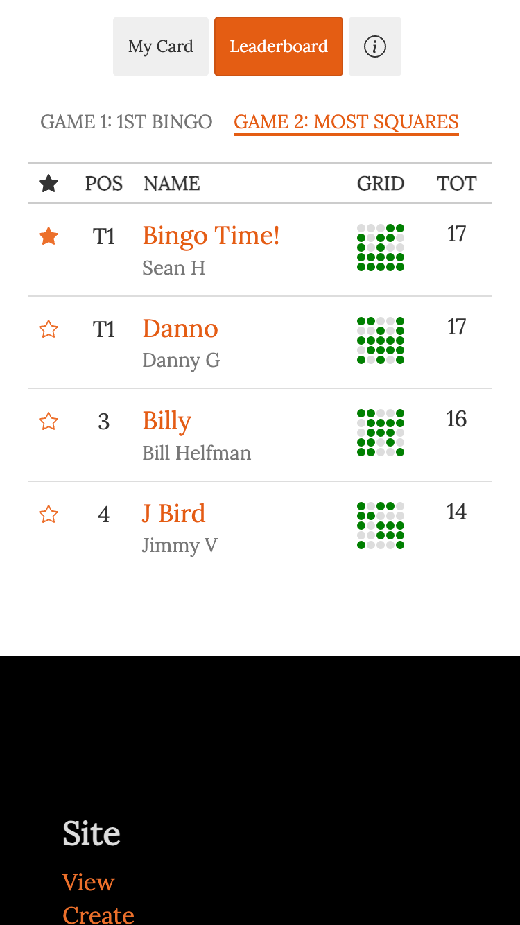 football bingo online screenshot for second game most squares on card