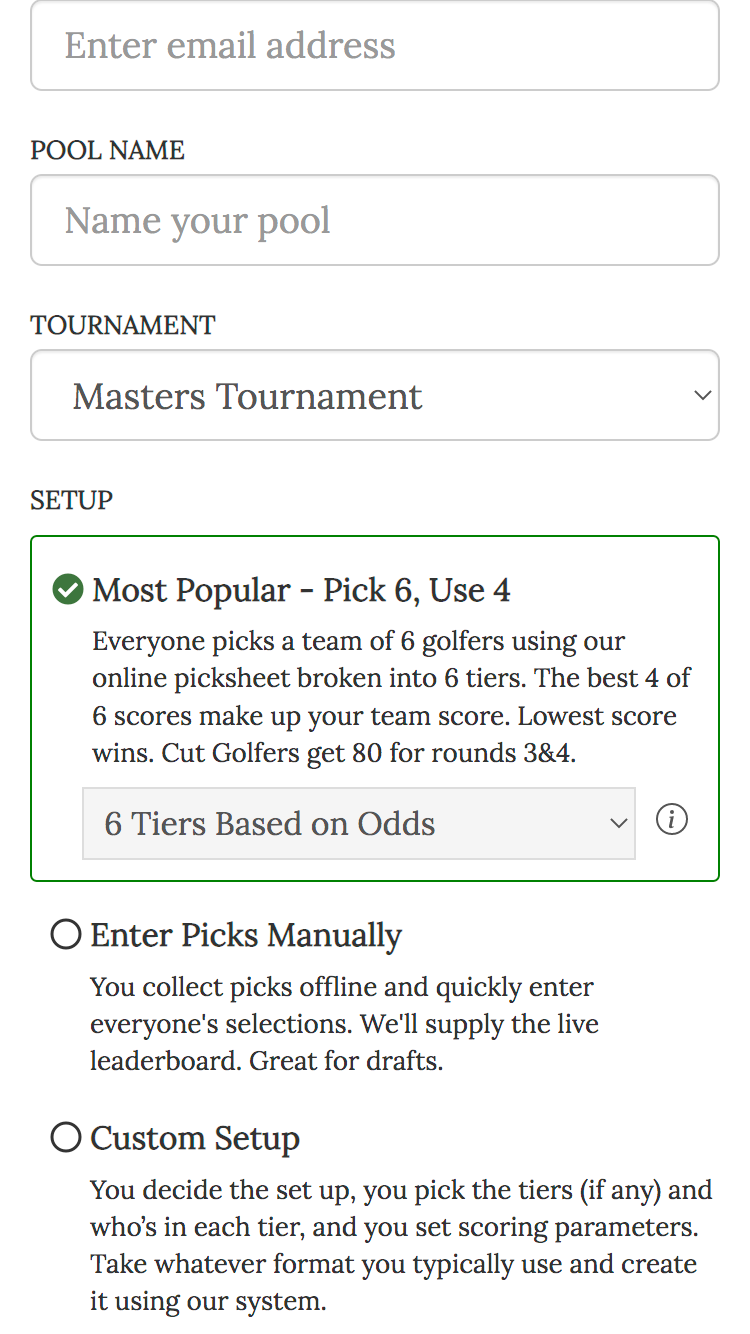 golf pool by odds create pool most popular