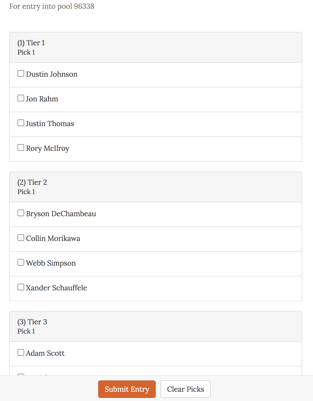 Pick 6 Use 4 golf pool pick sheet