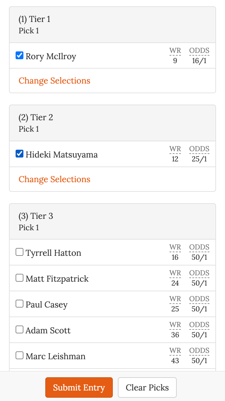 (2) Pick Your Team Screenshot Golf Pool