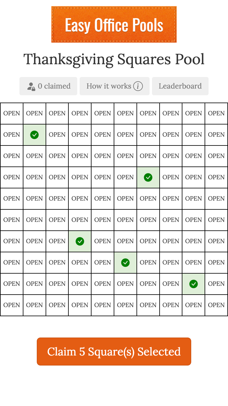 football squares screenshot of picking your square online
