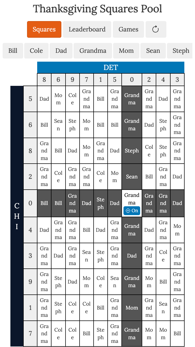 football squares screenshot of random numbers revealed