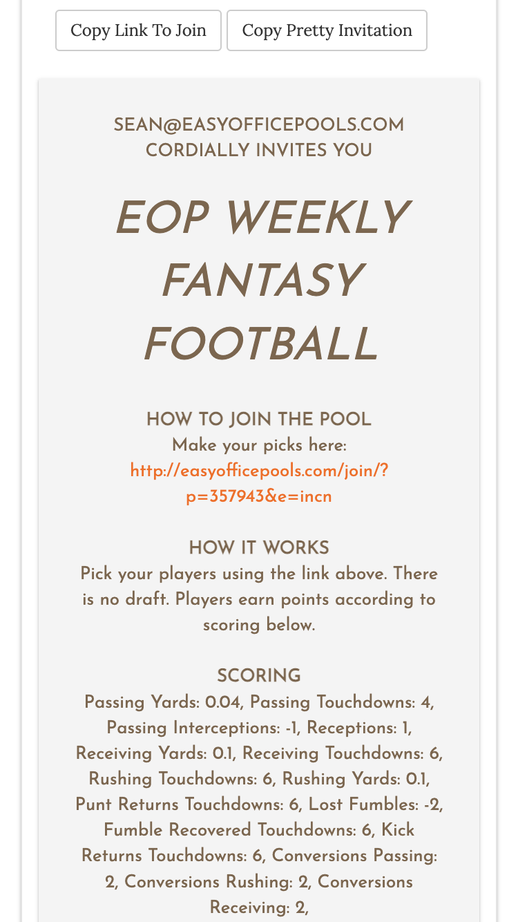 Weekly fantasy football invitation