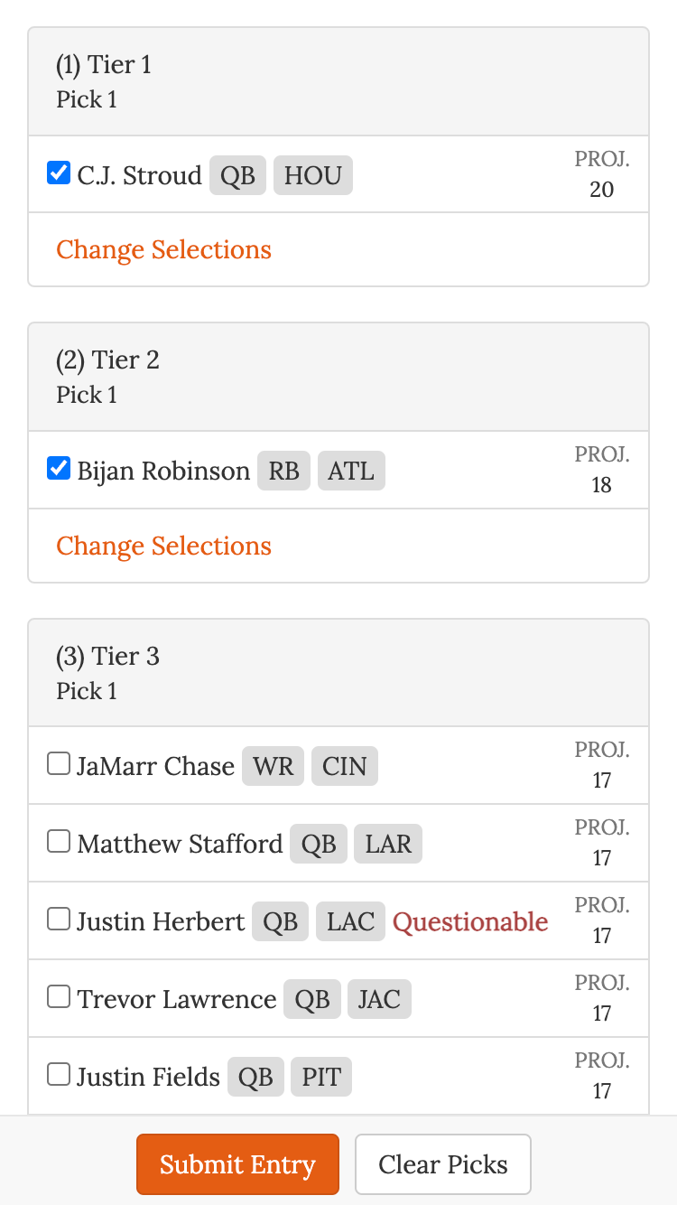 Weekly Fantasy Football pick your team online picksheet