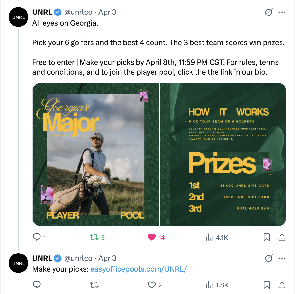 UNRL tweet promoting their golf pool